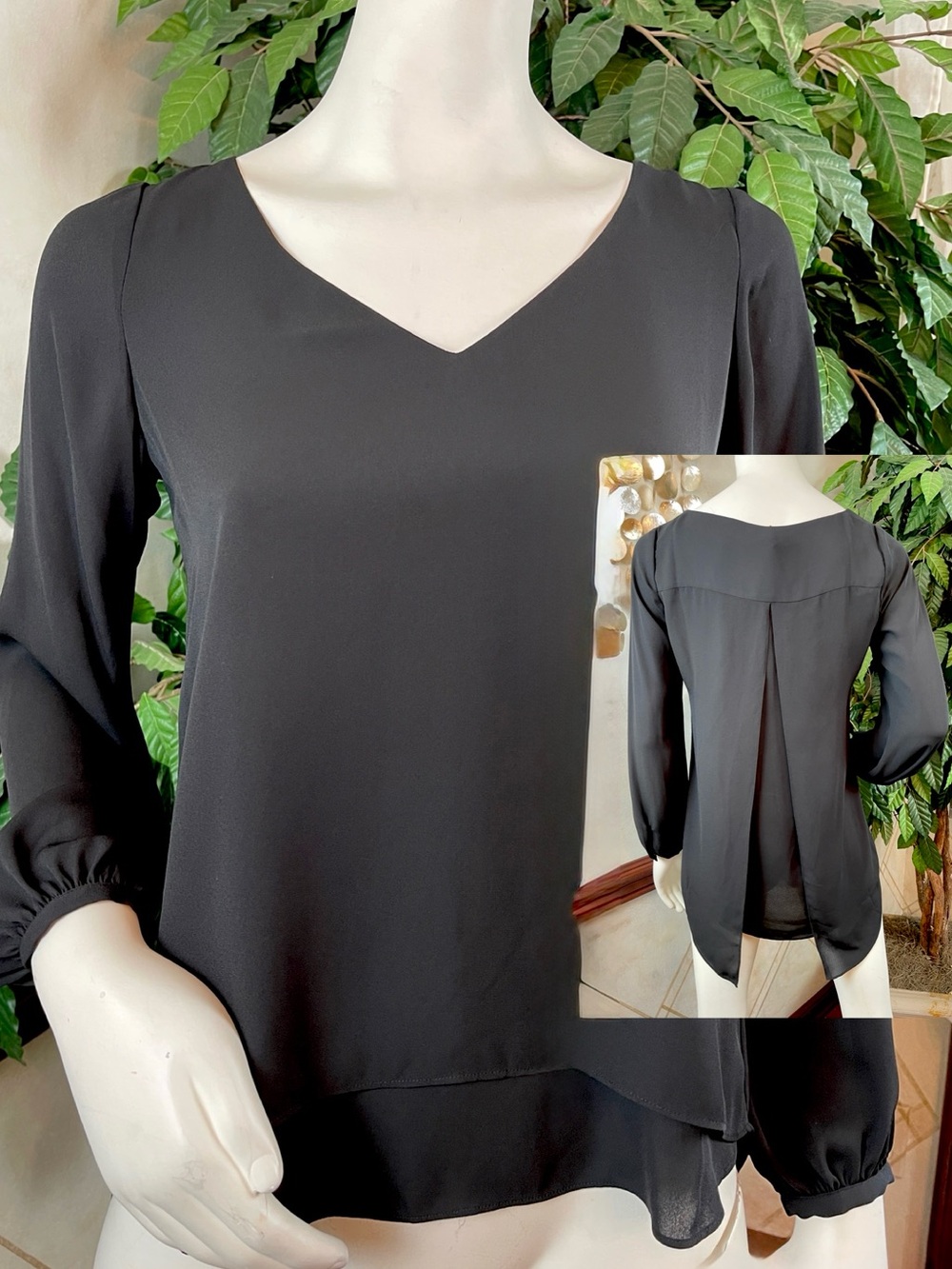 WHBM BLACK SPLIT BACK V-NECK BLOUSE